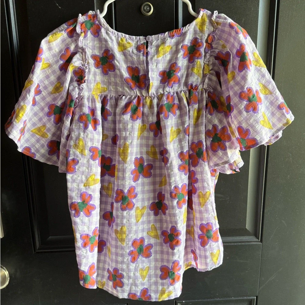 NWT Floral Heart Print Short Sleeve Puff Ruffle Top Size Medium - Picture 7 of 11